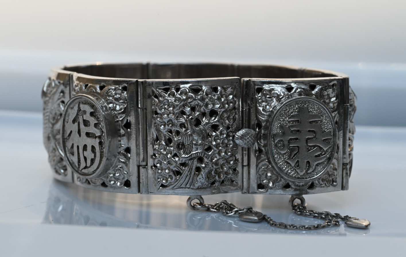 Awesome Chinese Vintage Export Silver Bird Of Paradise Panel Bracelet6