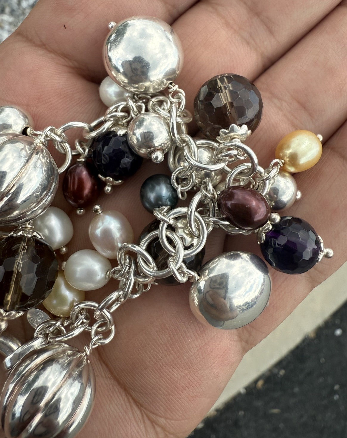Beautiful Italian Sterling Silver Charm Bracelet w/ Pearls & Faceted Gemstone5
