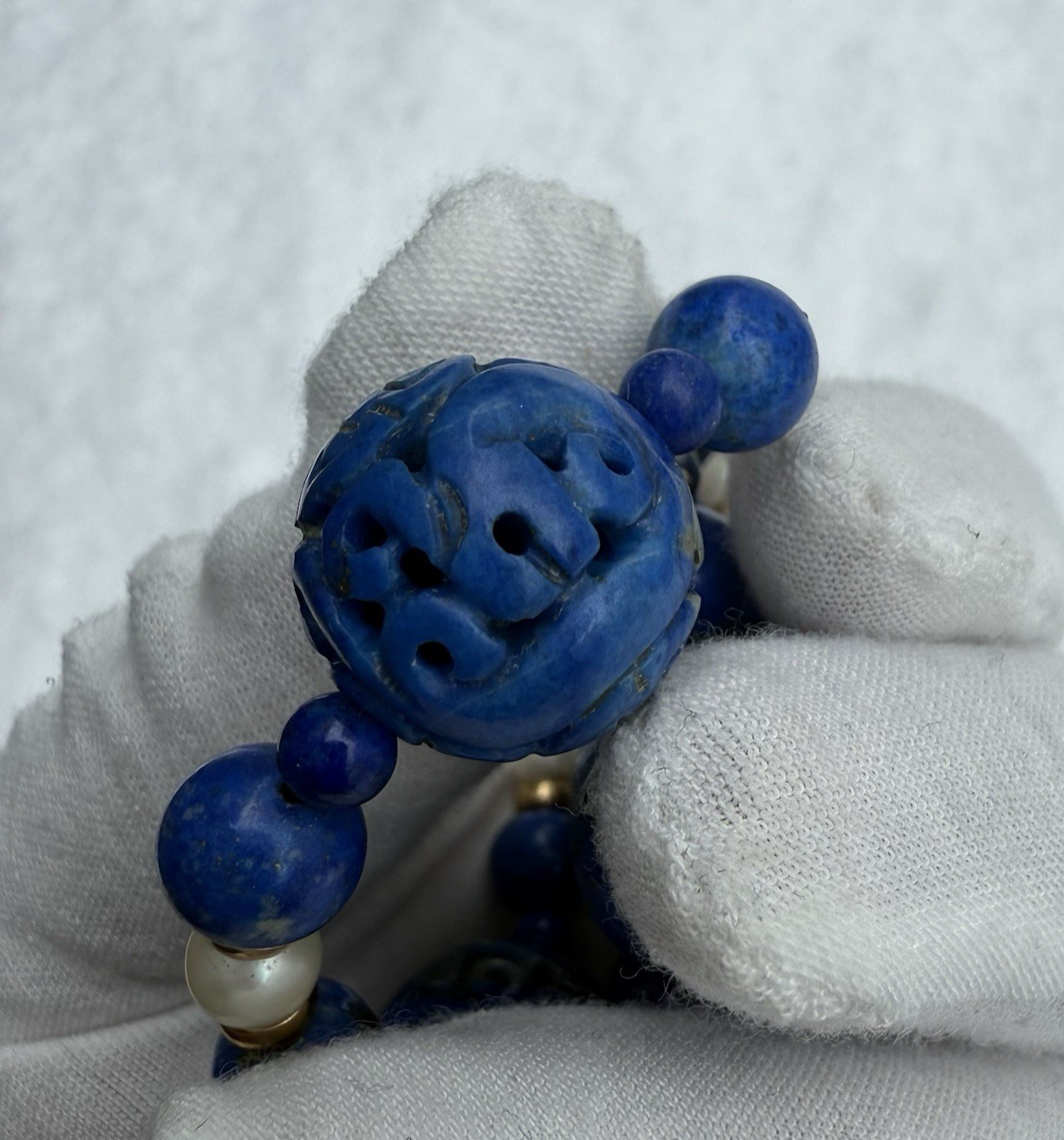 Stunning Chinese Carved Shou Royal Blue Lapiz Lazuli & 14k Beaded Necklace6