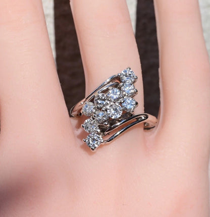 14K W  Gold 2ct Natural Diamond Waterfall Cluster Ring Expandable Shank IGI Cert5