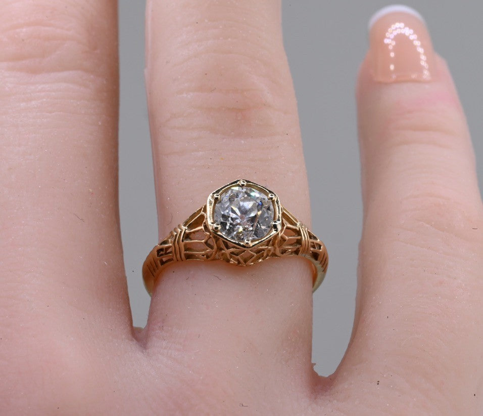 Antique Art Deco Period .85 ct Old Euro Diamond Ring in 14K Y Gold Filigree Work3