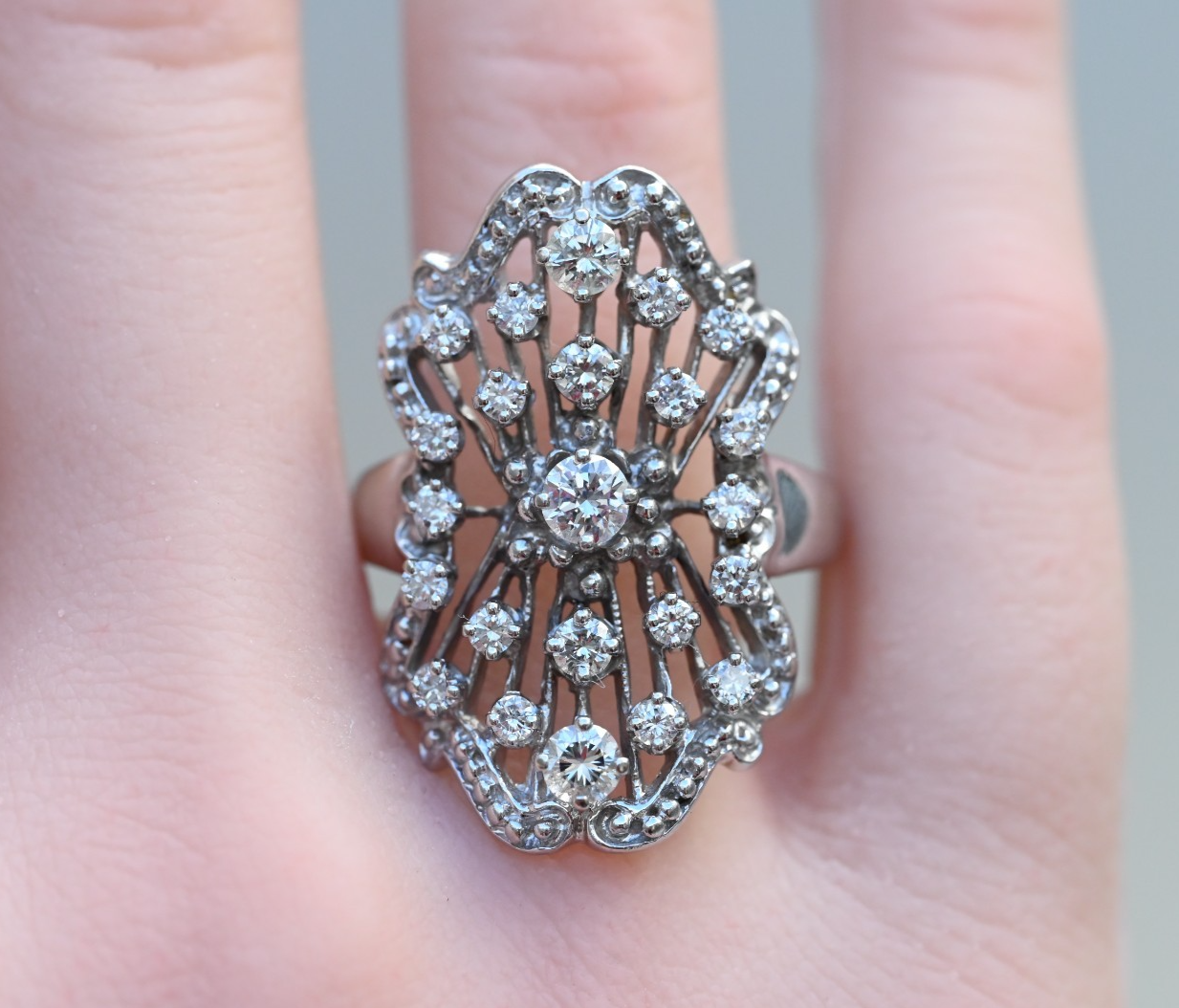 Amazing 14k WG Cocktail Ring in Art Deco Filigree Style with Cluster of Diamonds5