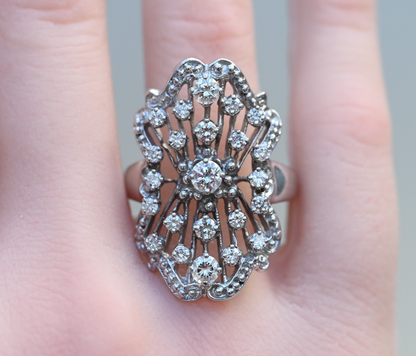 Amazing 14k WG Cocktail Ring in Art Deco Filigree Style with Cluster of Diamonds5