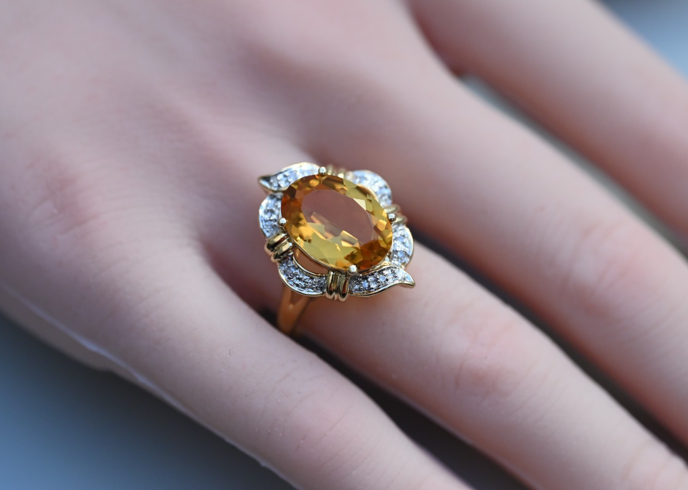 Eye-catching Vintage Faceted Citrine Cocktail Ring with Halo of Diamonds 14k YG6