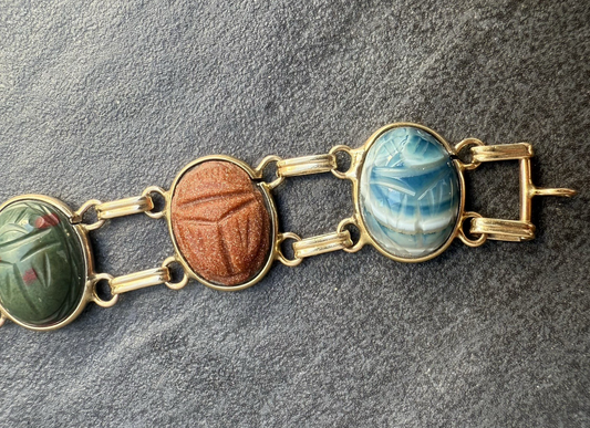 Beautiful Early Vintage 14k Yellow Gold Multi-Gemstone Scarab Beetle Bracelet1