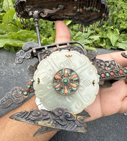 Antique Chinese Silver Sculpture of Dragon-Drawn Celestial Carriage Jade Wheels13