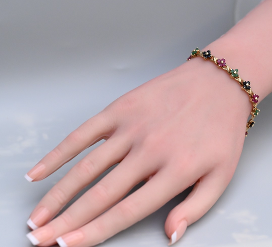 Beautiful Floral Tennis Bracelet with Sapphires, Rubies & Emeralds 14K YG 7 1/4"0