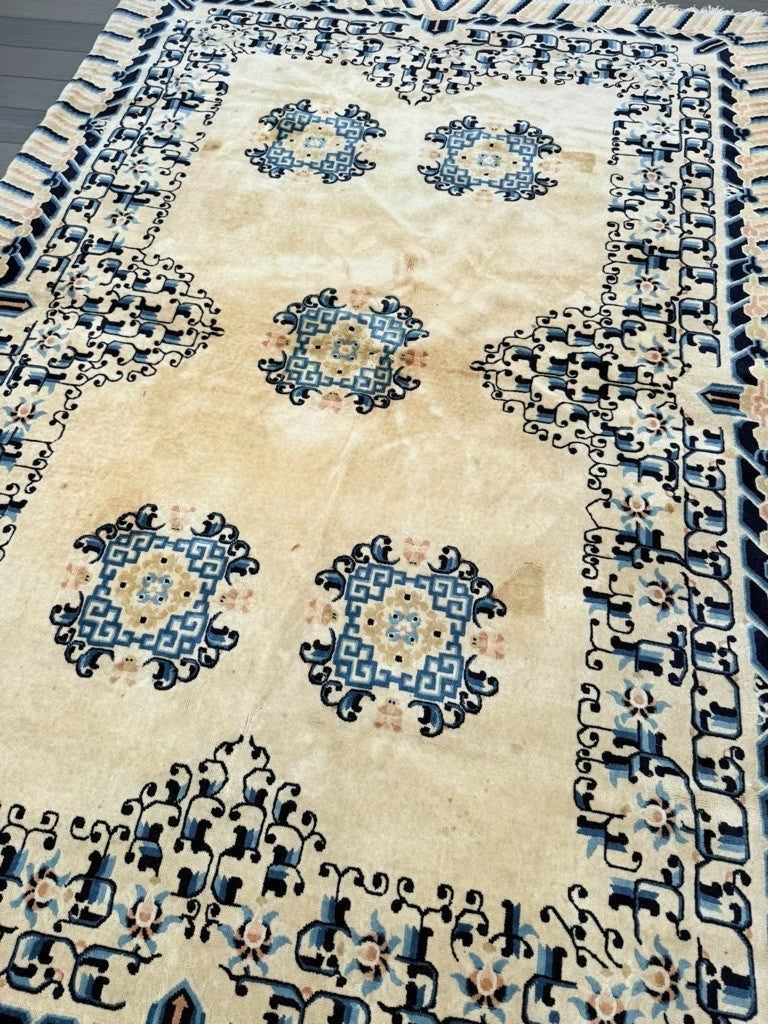 Gorgeous Antique Handmade Chinese Peking Wool Rug  6' x 9' Ivory Background14