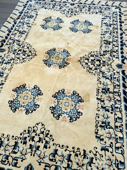 Gorgeous Antique Handmade Chinese Peking Wool Rug  6' x 9' Ivory Background14