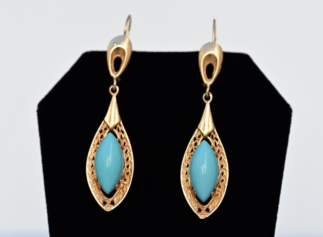 Antique Filigree Yellow Gold Drop Earrings Marquise-cut Blue Turquoise Cabochons3