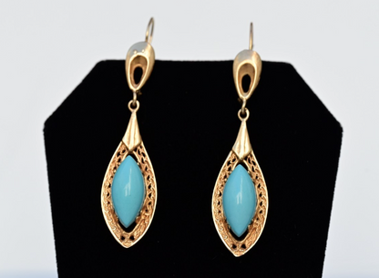 Antique Filigree Yellow Gold Drop Earrings Marquise-cut Blue Turquoise Cabochons3