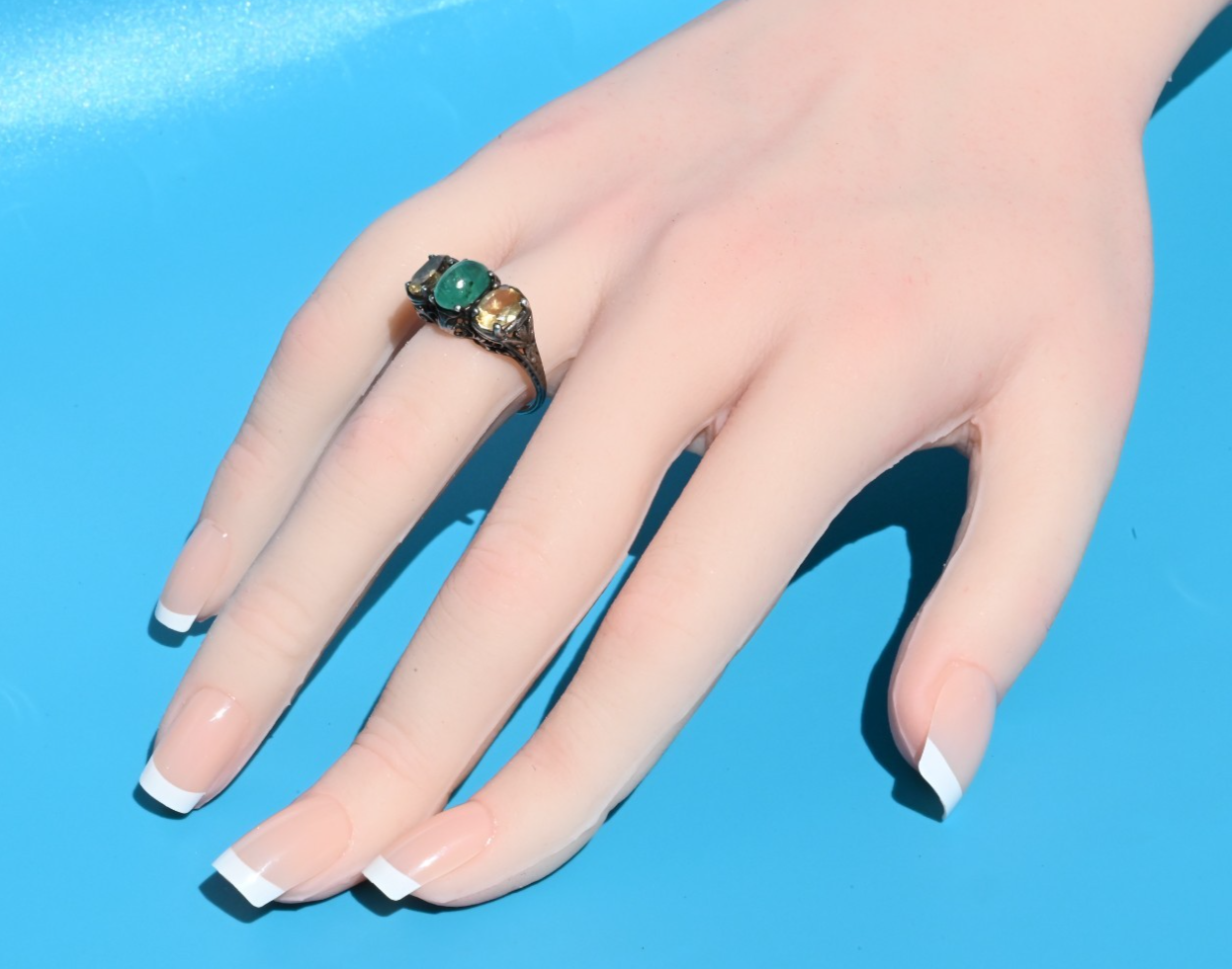Antique Victorian / Art Deco 925 Sterling Silver Filigree w Natural Emerald Ring4