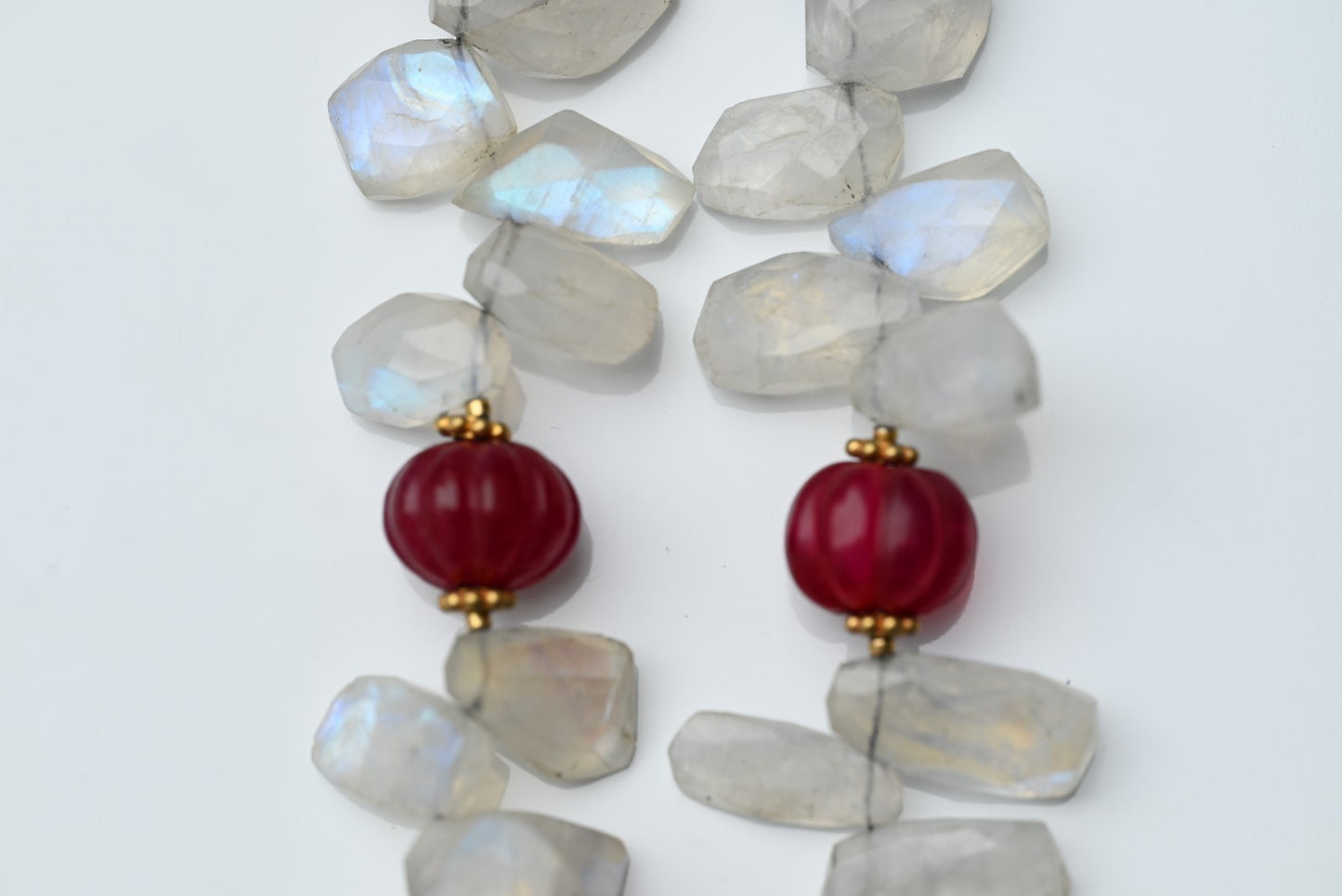Gold Gilt Sterling Silver Necklace with Moonstone Petals & Red Ruby Gems2