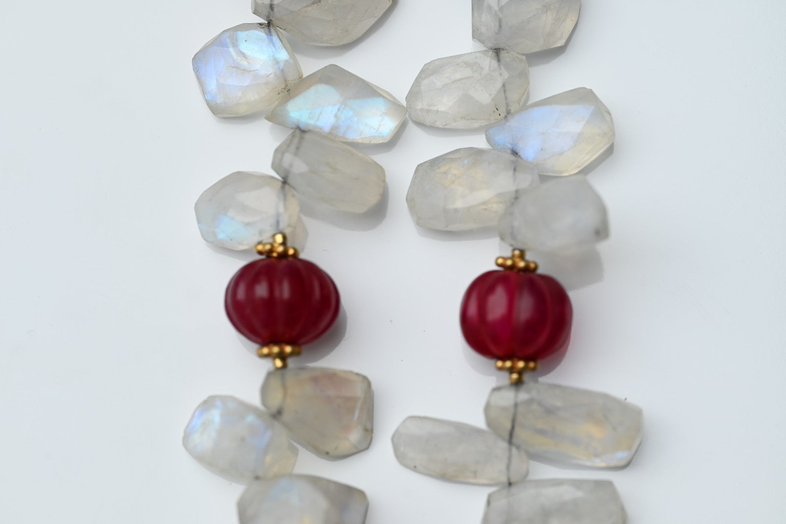Gold Gilt Sterling Silver Necklace with Moonstone Petals & Red Ruby Gems2