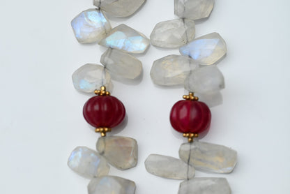 Gold Gilt Sterling Silver Necklace with Moonstone Petals & Red Ruby Gems2