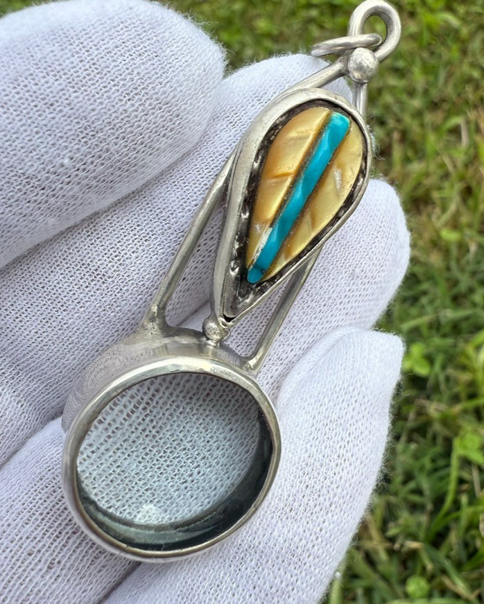 Signed MS Sterling Silver Southwest Jewelers Loupe Mother of Pearl & Turquoise2