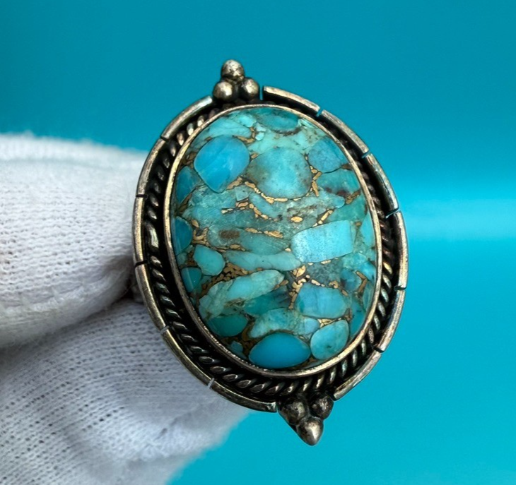 Superb Native American Signed Sterling Silver Ring w/ Turquoise Gem1