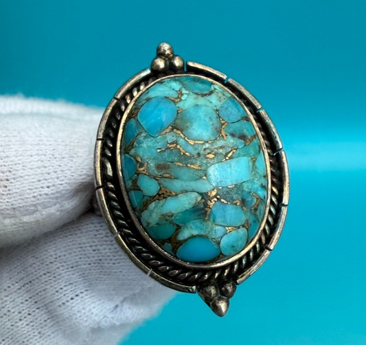 Superb Native American Signed Sterling Silver Ring w/ Turquoise Gem1