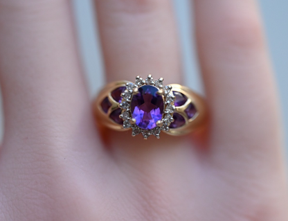 Gorgeous 14k Vintage-style Amethyst Cluster Cocktail Ring with Halo of Diamonds2