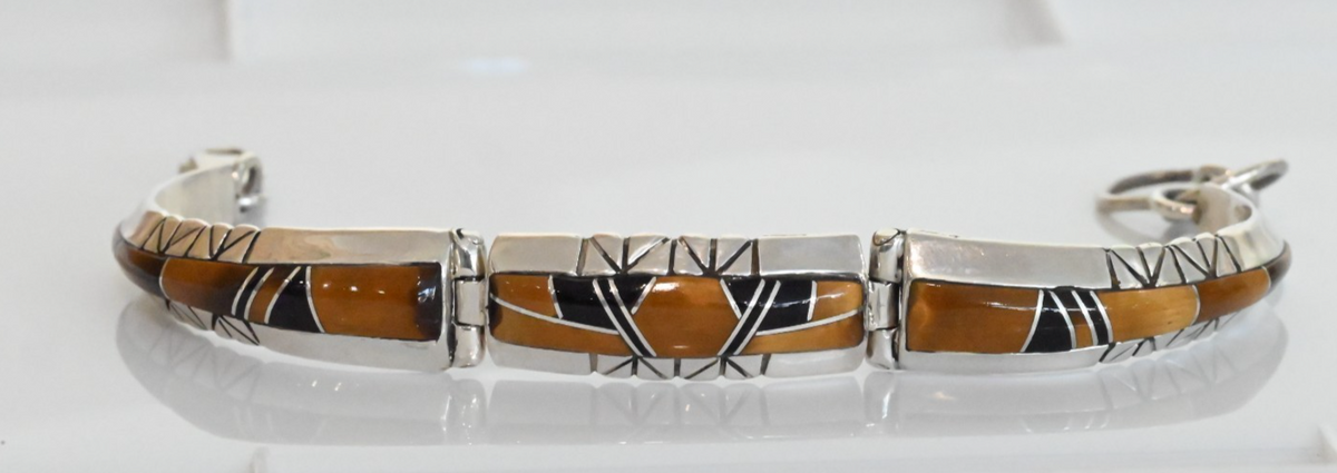 Vintage Native American Sterling Silver Cuff Bracelet Tigers Eye Mosaic Design0