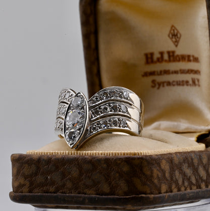 14K Retro Early Vintage Art Deco Style 3 Band Chevron Diamond Ring IGI Certified0