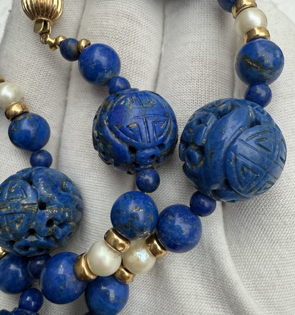 Stunning Chinese Carved Shou Royal Blue Lapiz Lazuli & 14k Beaded Necklace4