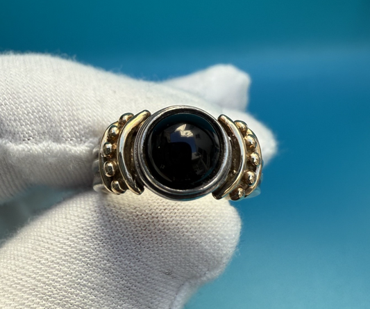 Unique .925 Sterling & 14K Yellow Gold Solitaire Band Ring with Black Onyx0
