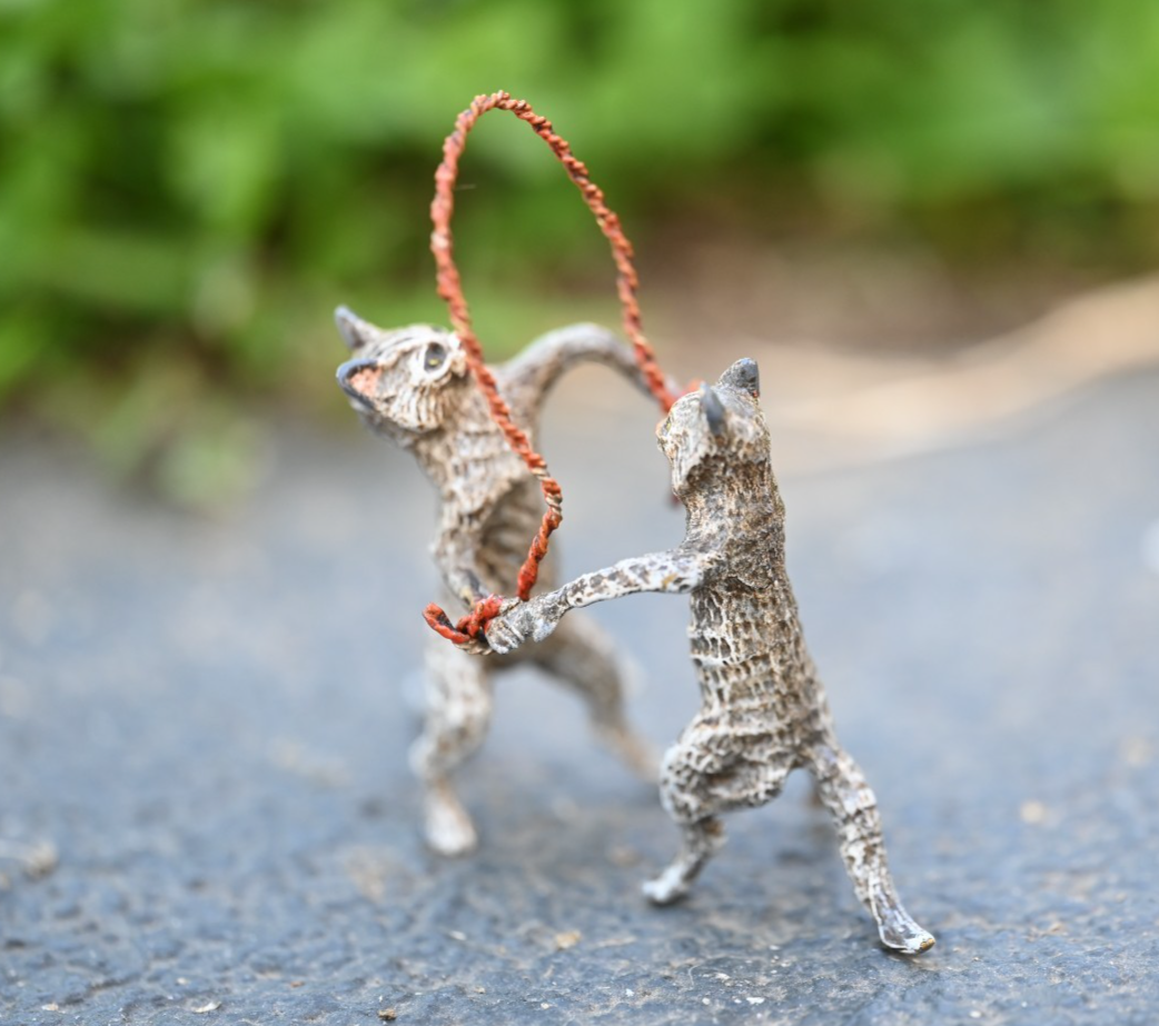 Lovely Austrian Vienna Cold Painted Bronze Figure of Two Cats Playing w/ Rope0