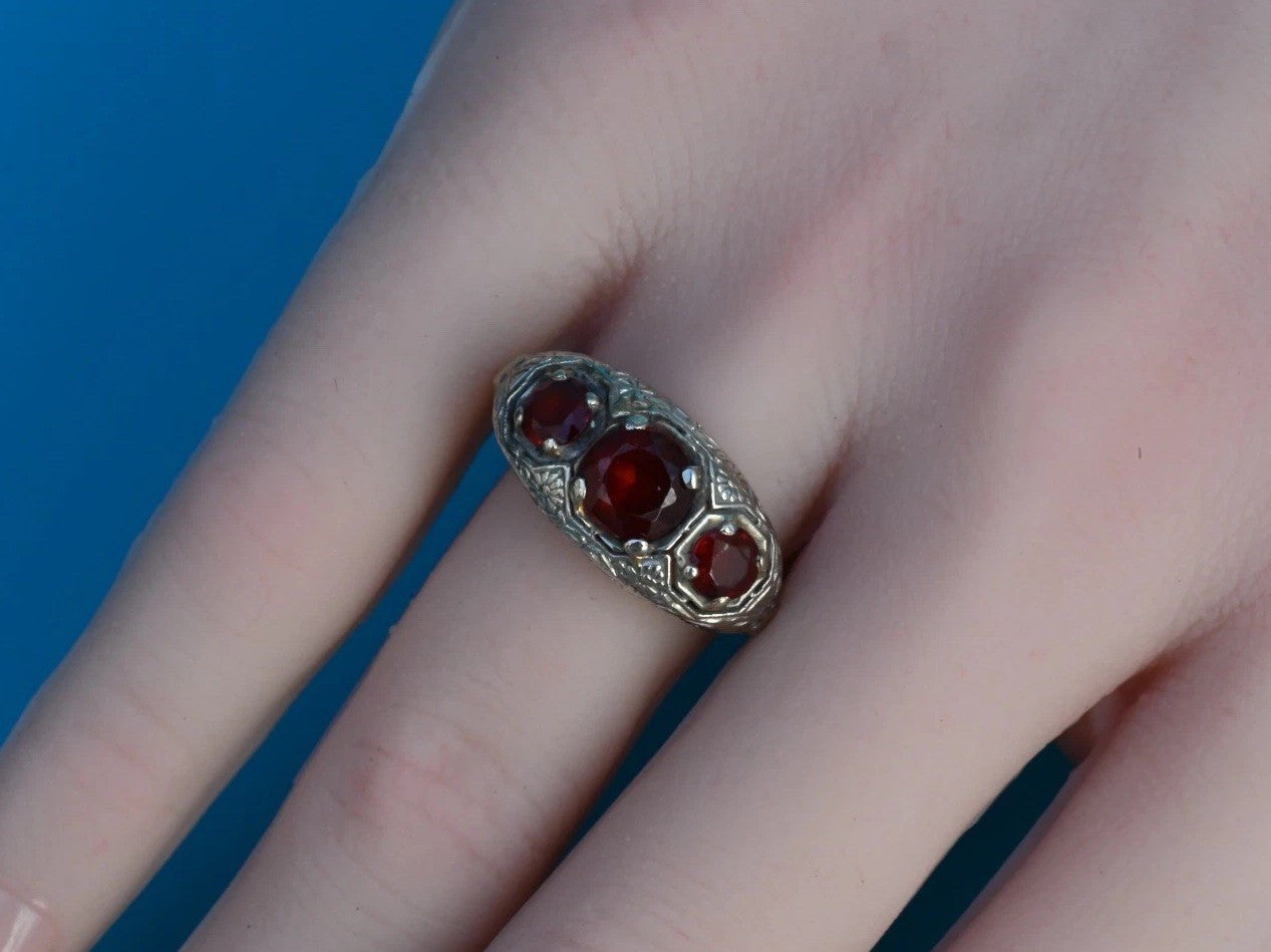 Antique Filigree Art Deco 18K White Gold Ring w/ Deep Red Gemstones0