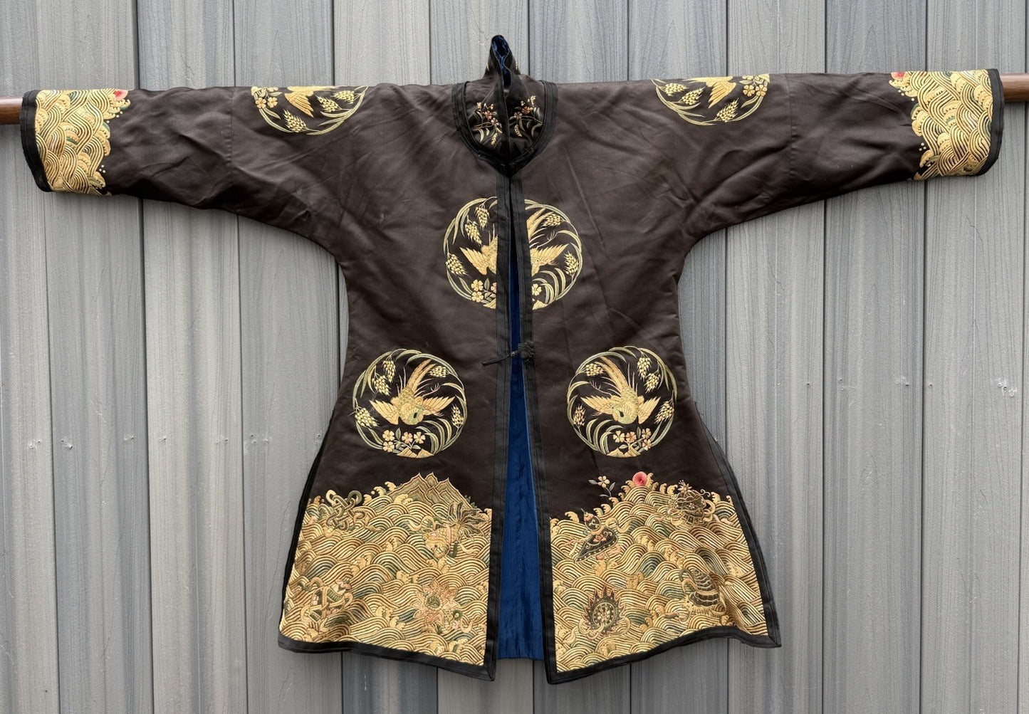 Early Antique Qing Dynasty Chinese Black Silk Embroidery Robe With Crane Birds0