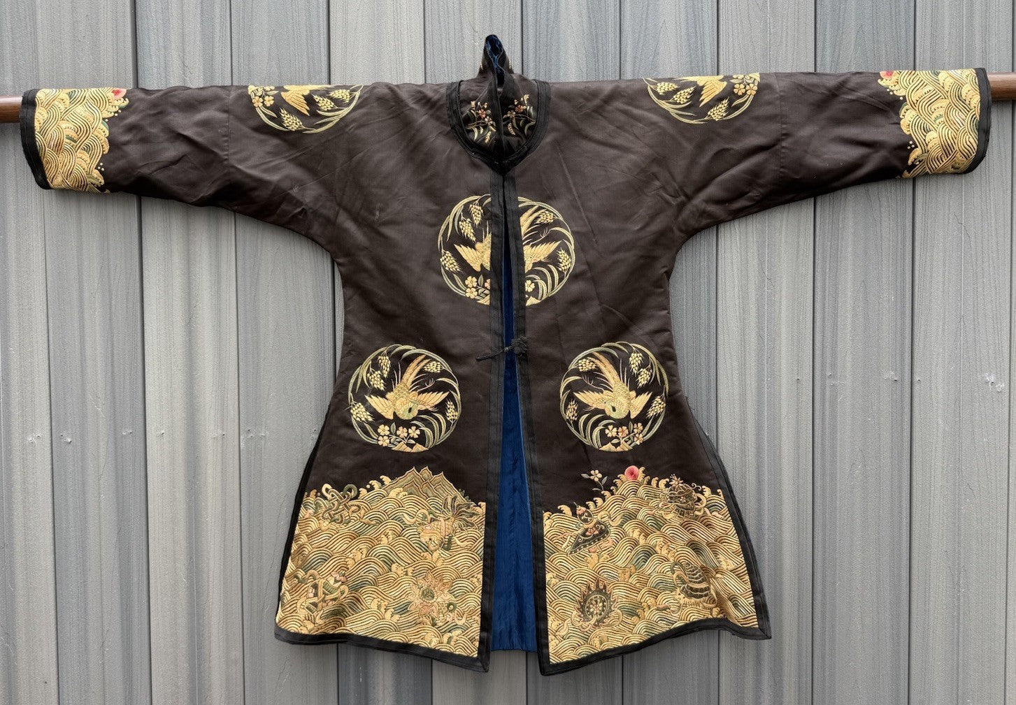 Early Antique Qing Dynasty Chinese Black Silk Embroidery Robe With Crane Birds0