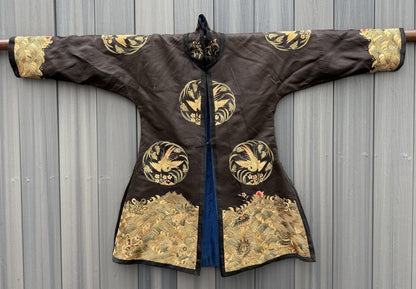 Early Antique Qing Dynasty Chinese Black Silk Embroidery Robe With Crane Birds0