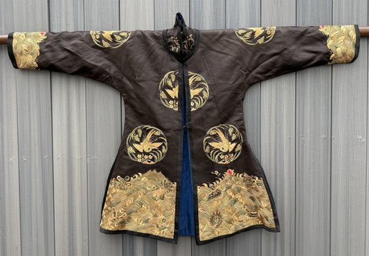Early Antique Qing Dynasty Chinese Black Silk Embroidery Robe With Crane Birds0
