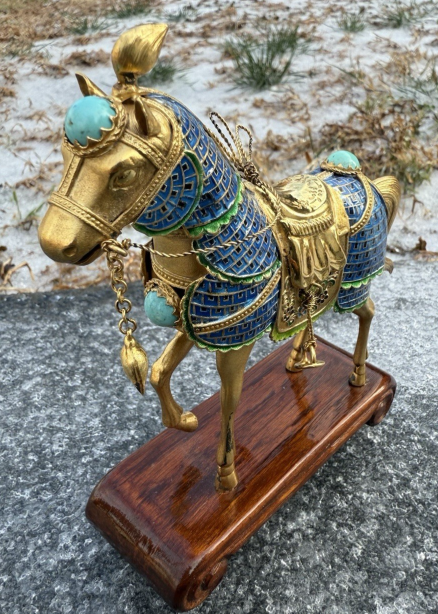Majestic Chinese Vintage Enamel Gilt Export Silver  Horse w/ Turquoise Gems2