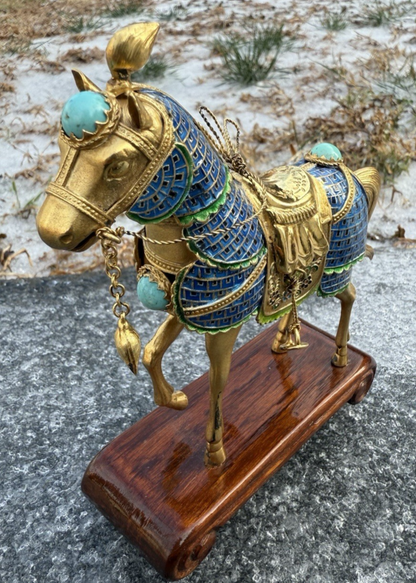 Majestic Chinese Vintage Enamel Gilt Export Silver  Horse w/ Turquoise Gems2