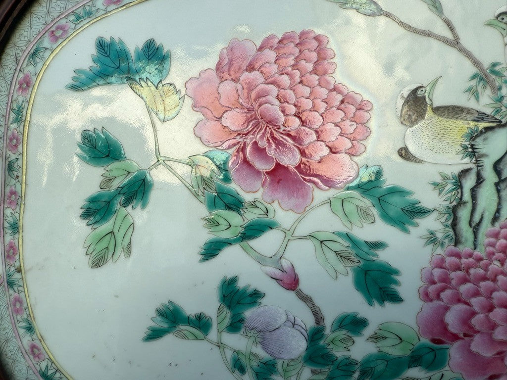 Large 20" Chinese Antique 1900s Porcelain Serving Tray with Enameled Black Birds5
