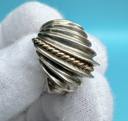Superb Vintage Ribbed Sterling Silver & 14k Yellow Gold Wire Ring3