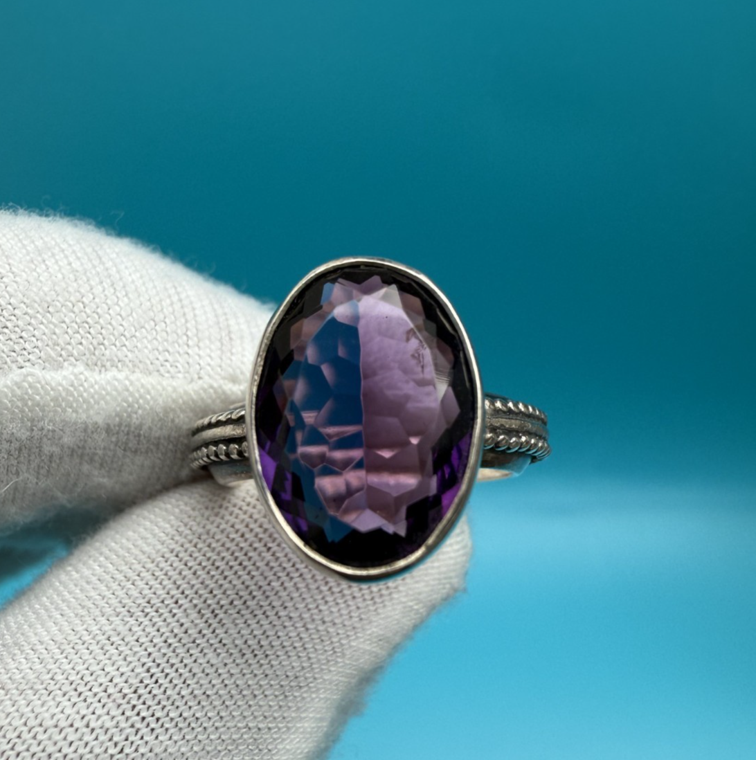 Stunning Royal Purple Faceted Amethyst Gemstone & Sterling Silver Ring0