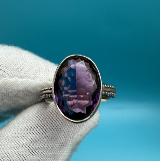 Stunning Royal Purple Faceted Amethyst Gemstone & Sterling Silver Ring0