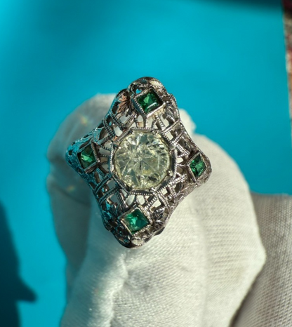 Wonderful Antique Art Deco Period 14k - 18k White Gold Ring W/ Glass Diamond3