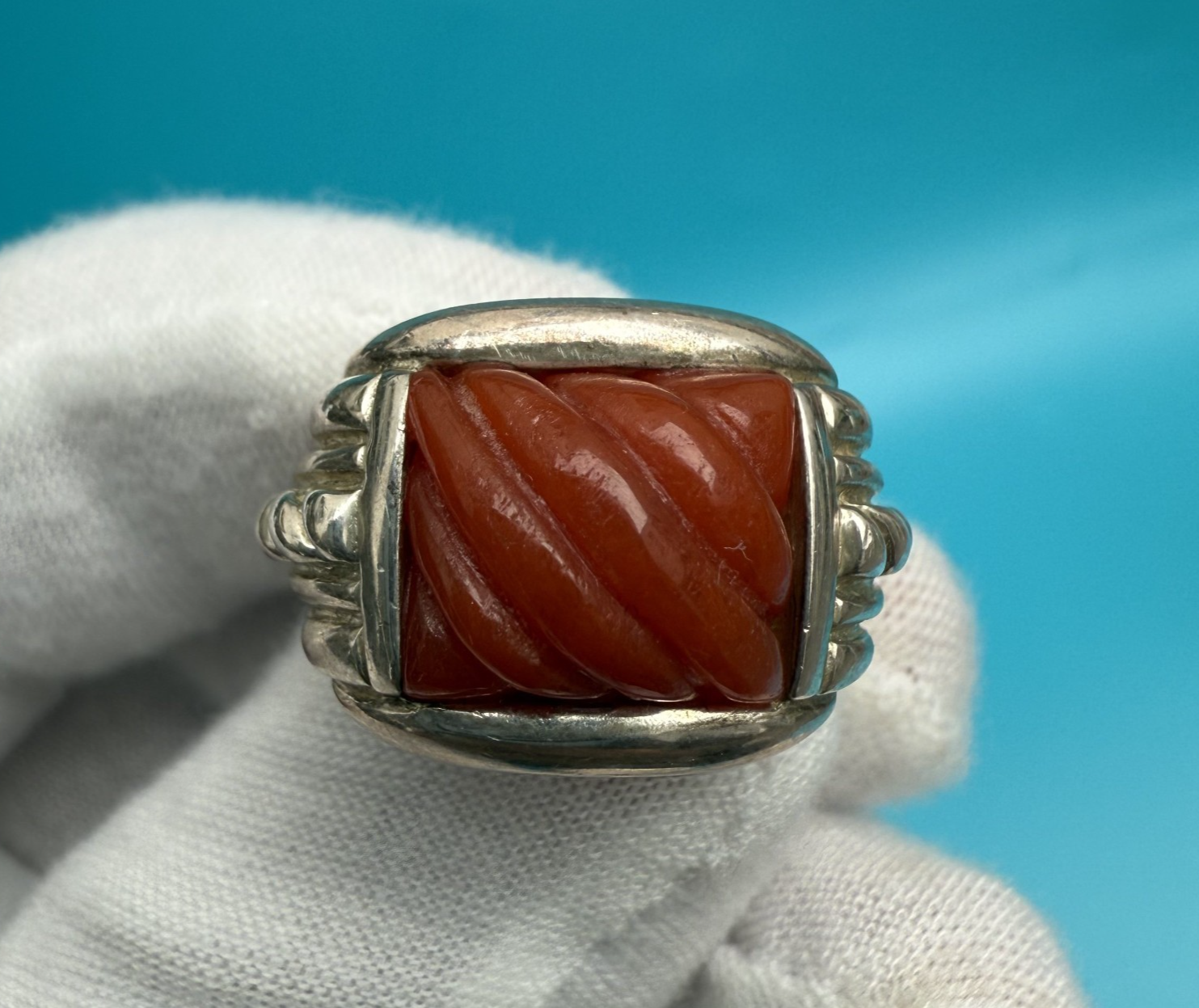 Stunning Judith Ripka Carved Ribbed Carnelian Sterling Silver 925 Ring1