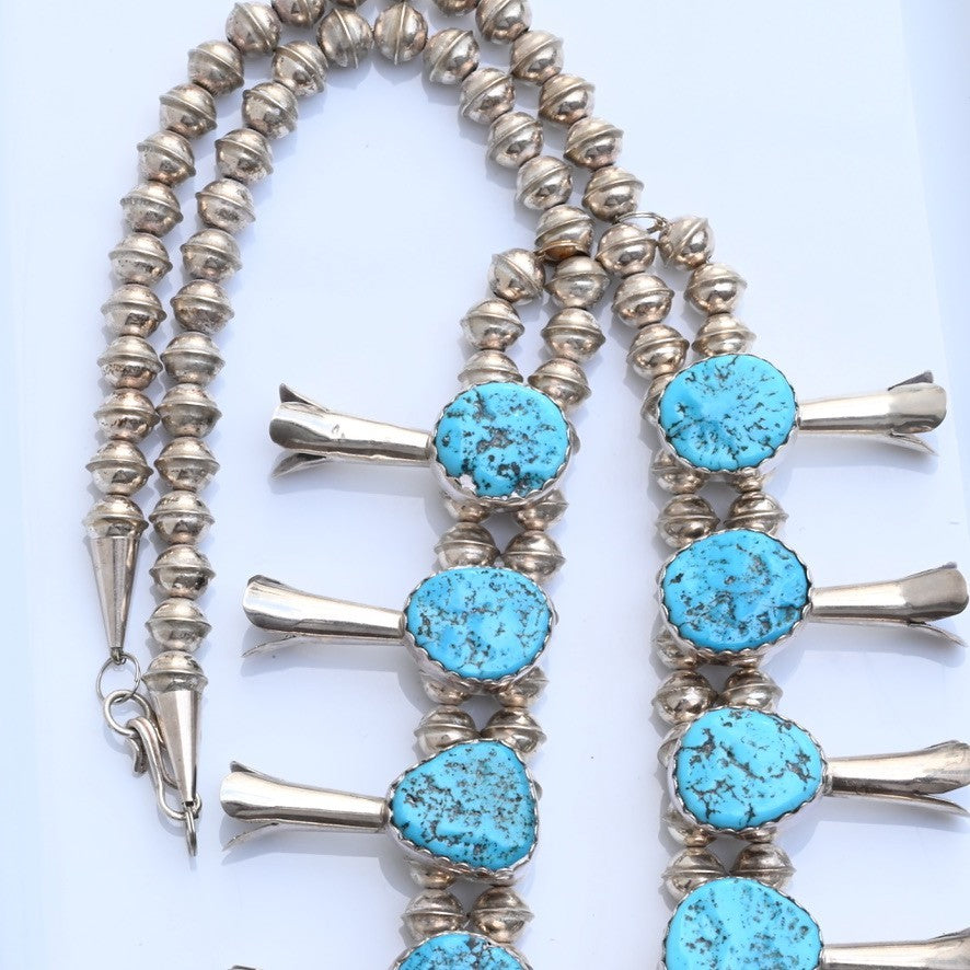 Vintage Native American Blue Turquoise & Sterling Silver Squash Blossom Necklace4