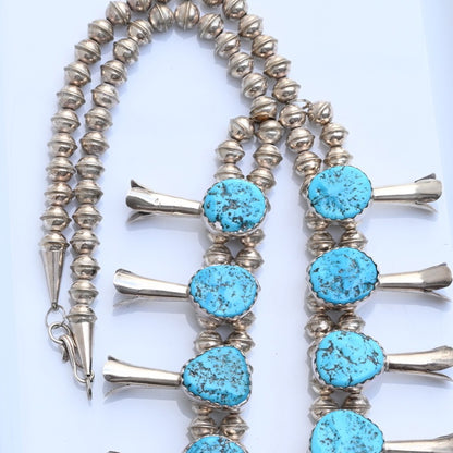 Vintage Native American Blue Turquoise & Sterling Silver Squash Blossom Necklace4