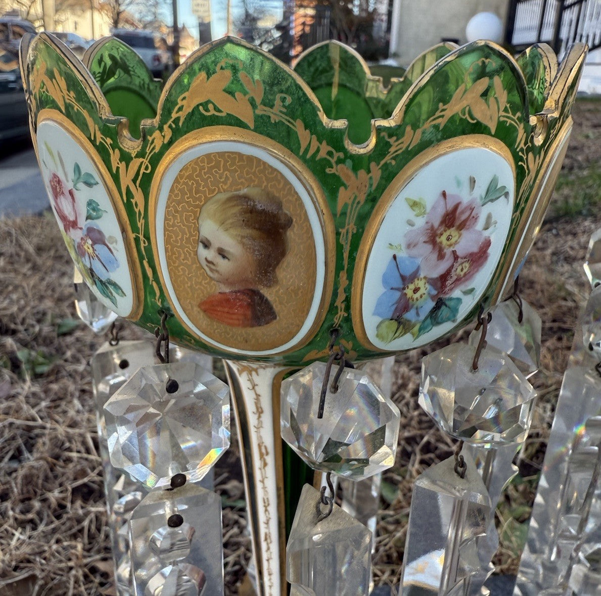 Antique 19th C. Bohemian Moser Glass Emerald Green Enameled & Gilt Lustres5
