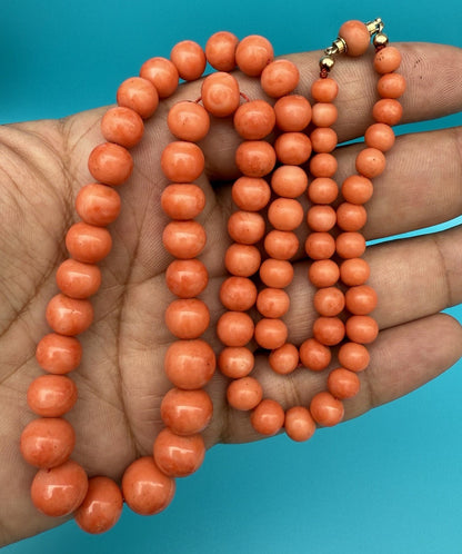 Gorgeous Natural Italian Light Red Round Coral Beaded Necklace With Gold Clasp0