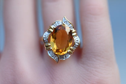 Eye-catching Vintage Faceted Citrine Cocktail Ring with Halo of Diamonds 14k YG5