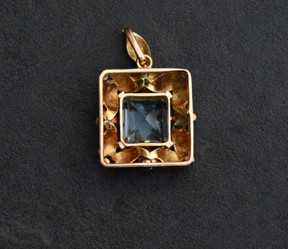Stunning Art Nouveau Period Aquamarine 18K Tri-Color Gold Floral Pendant3