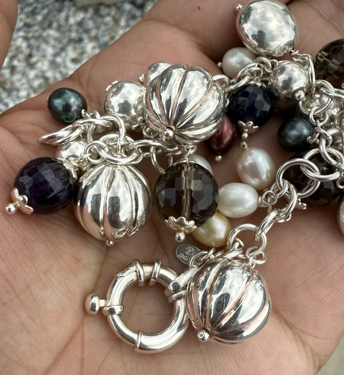 Beautiful Italian Sterling Silver Charm Bracelet w/ Pearls & Faceted Gemstone3