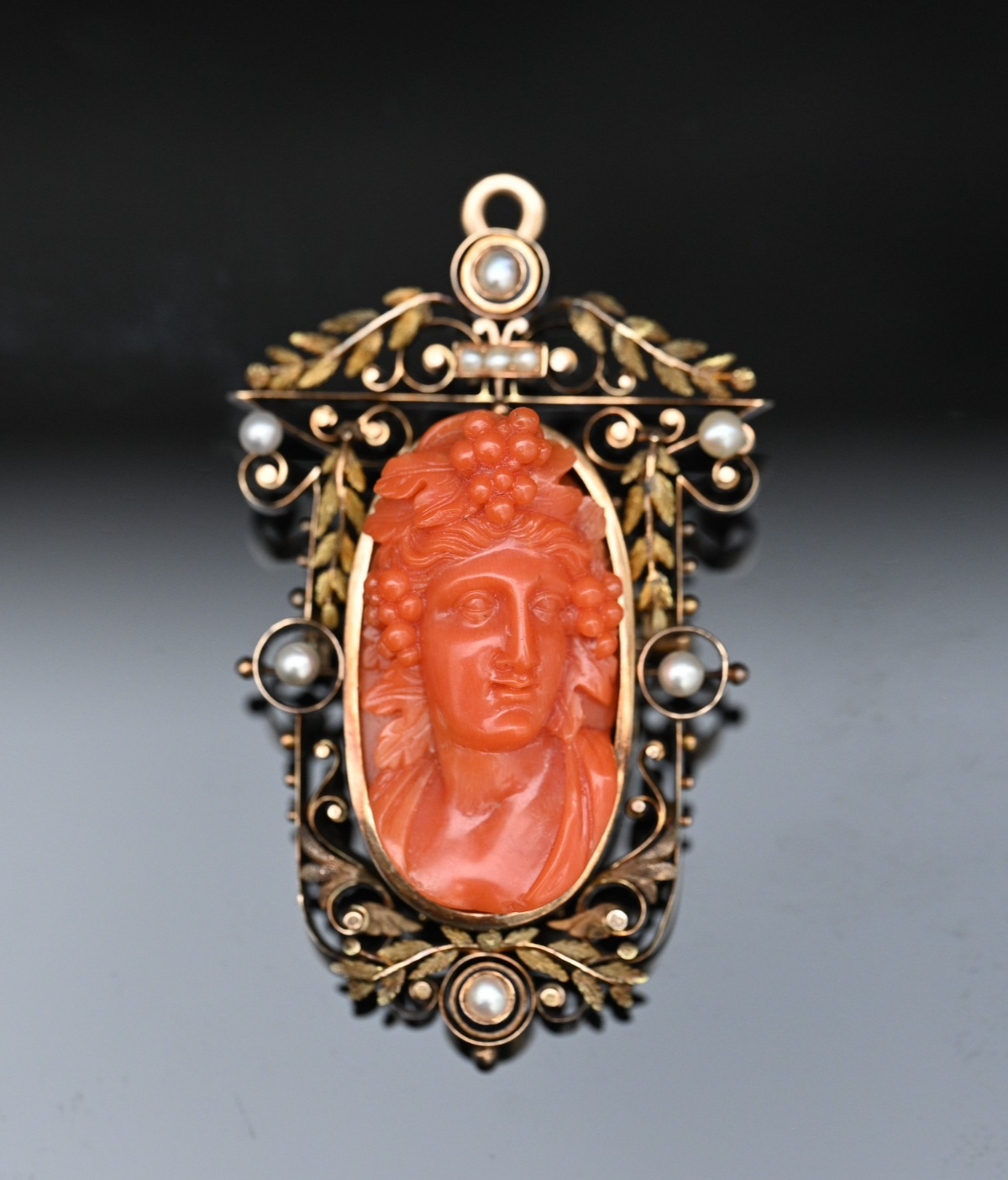 High Quality Antique 19th C. Victorian Period Carved Red Coral 14K Gold Pendant4