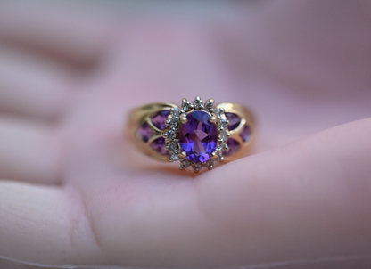 Gorgeous 14k Vintage-style Amethyst Cluster Cocktail Ring with Halo of Diamonds7